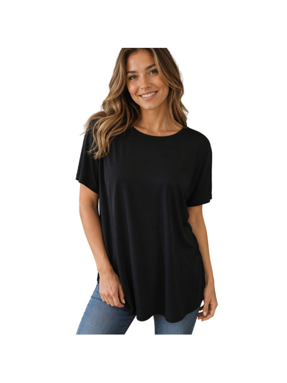 Eileen fisher Black Short Sleeve Top Relaxed slub Basic Tee M viscose stretch